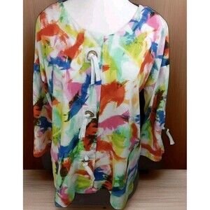 THOMAS & OLIVIA Blouse Size M ARTESY LOOK BUTTON TIE DESIGN COTTON 3/4 SLEEVE